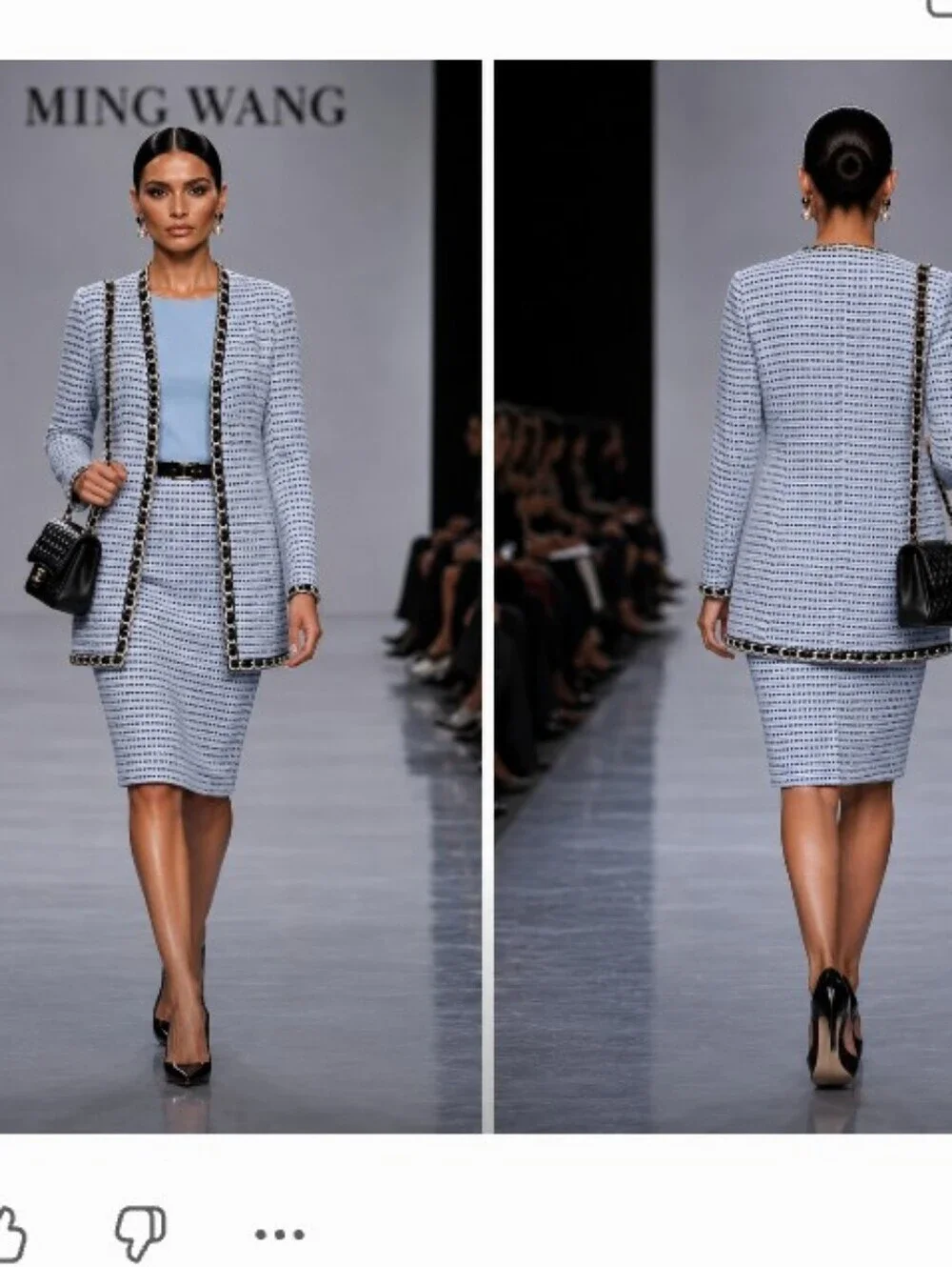 Ming Wang M-L 3 Pc Blue Black Knit Tweed Boucle Chain Light Weight Skirt Suit